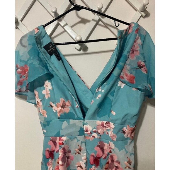 Adrianna Papell Floral Flutter Sleeve Wrap Dress Size 2 Aqua Pink Ruffle Hem - Picture 6 of 10